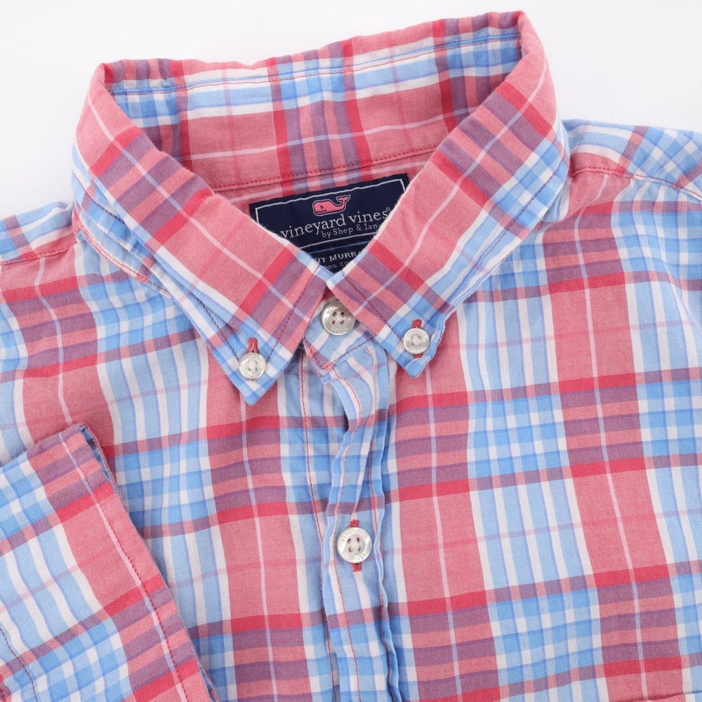 Vineyard Vines Slim Fit Murray Shirt Pink Blue Plaid Long Sleeve Mens Medium